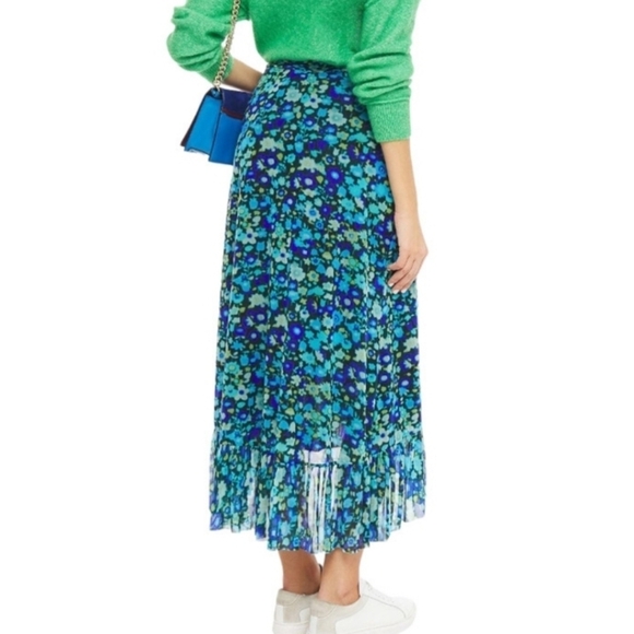 Ganni Floral Wrap Midi Skirt Asymmetrical Ruffle  Blue Green Women's 32 Medium - Picture 4 of 13